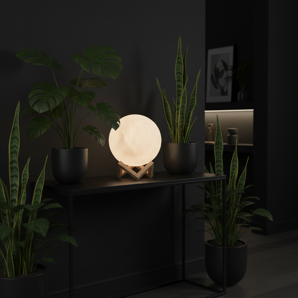 D5 Starry Moon Lamp in dark home with plants