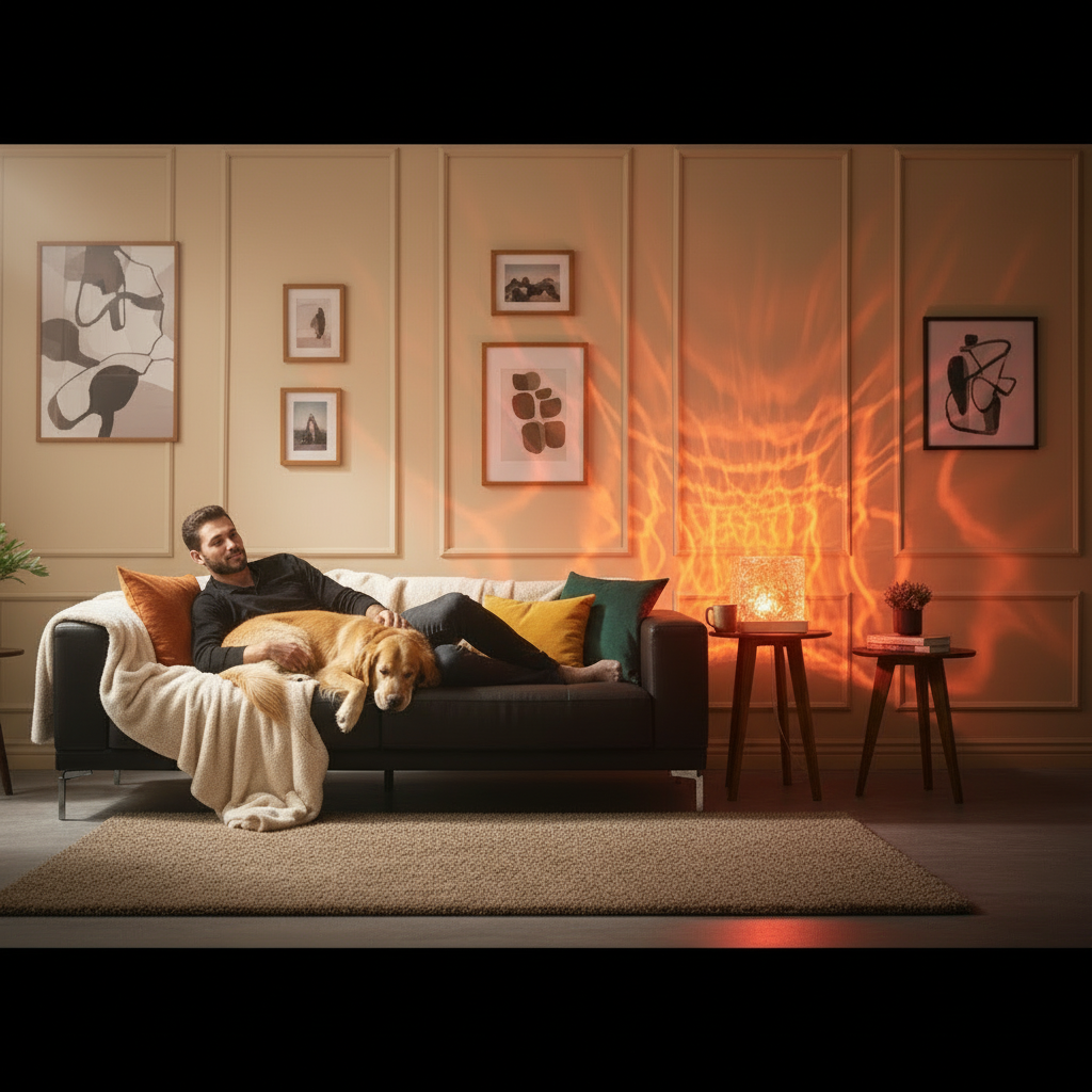 Deep Ocean Projector in happy, cozy room with person and dog